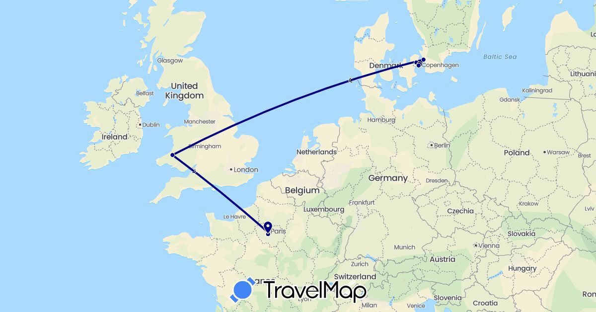 TravelMap itinerary: driving in Denmark, France, United Kingdom, Sweden (Europe)