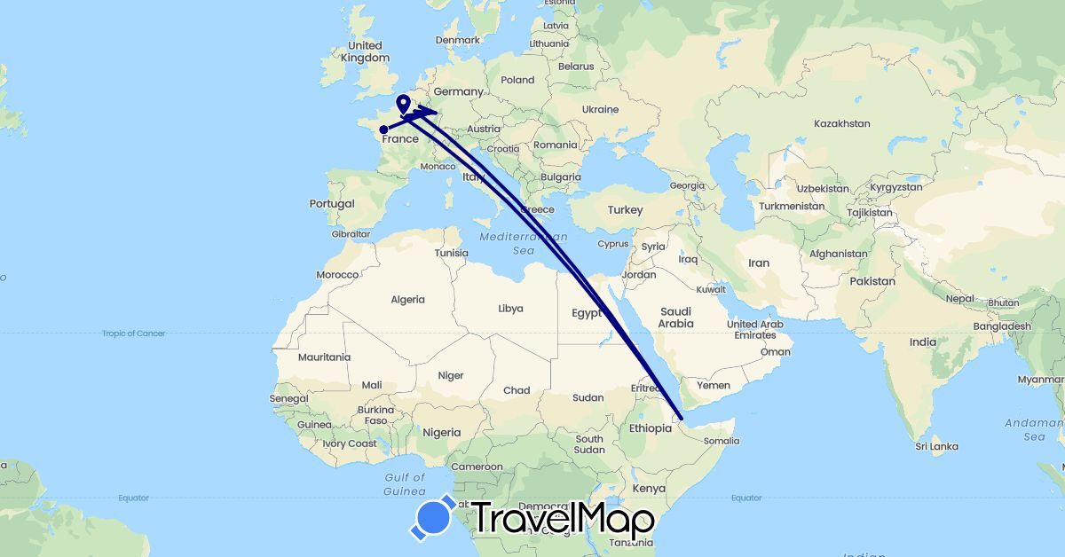 TravelMap itinerary: driving in Djibouti, France (Africa, Europe)